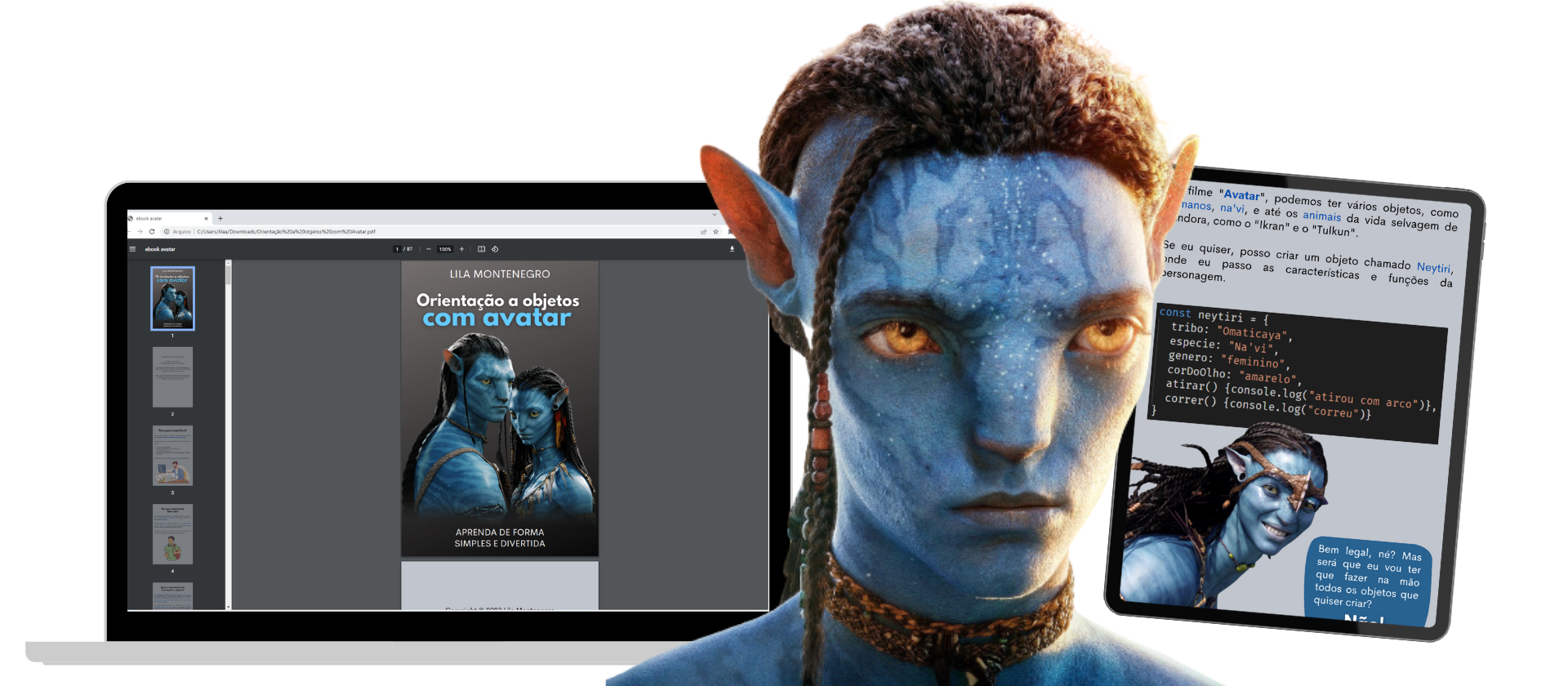 imagem de um dos filhos de Jake Sully (personagem de avatar) com um mockup do livro no notebook e no tablet atrás